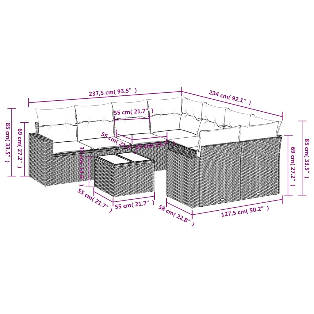Set Divani da Giardino 9 pz con Cuscini Nero in Polyrattan