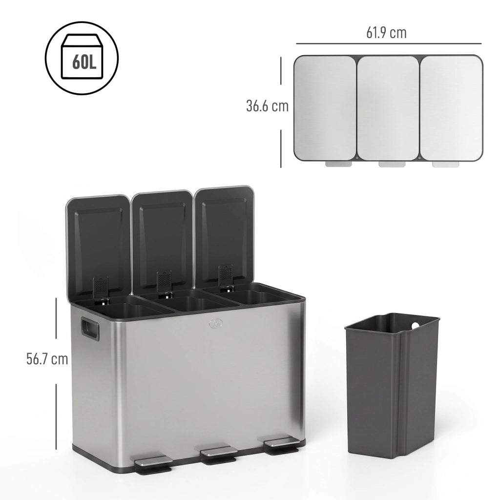 Bidone Immondizia 3 Sezioni 20L Chiusura Silenziosa ¨C zephmum ¨C Acciaio Inox PP 61.9x36.6x56.7 cm