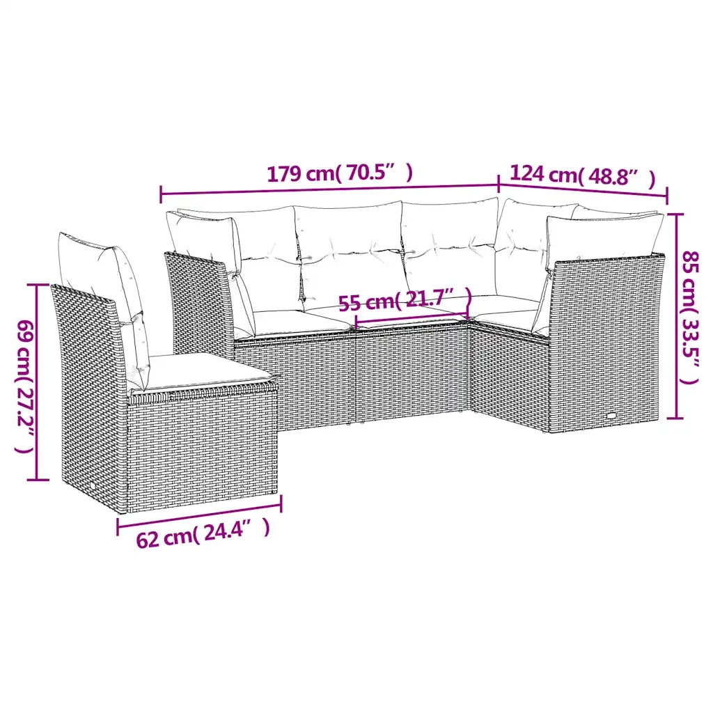 Set Divano da Giardino 5pz | Set Salotto da Giardino con Cuscini Grigio Chiaro Polyrattan