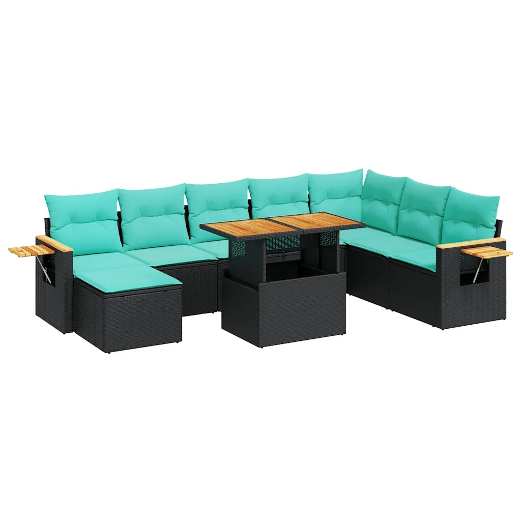 Set Divani Giardino 10pz con Cuscini Nero in Polyrattan Acacia 3327634
