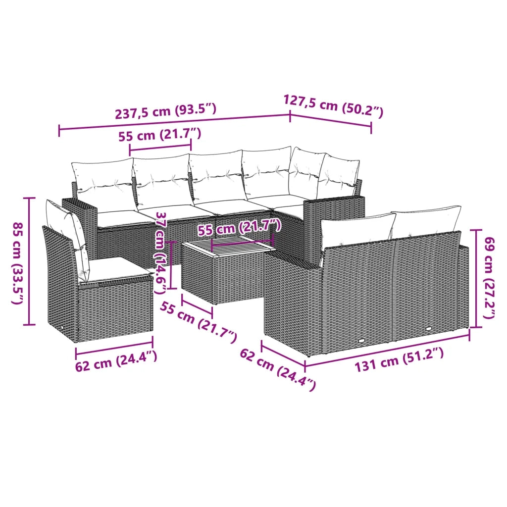 Set Divani da Giardino 9 pz con Cuscini Nero in Polyrattan 3224215