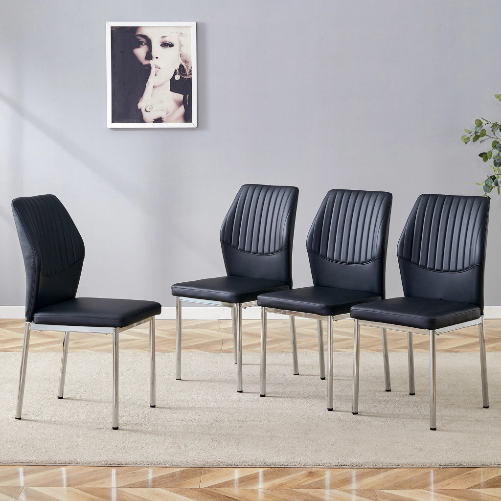 Set 4 Sedie da Pranzo ¨C MINIMAL ¨C Similpelle Nera, Gambe in Metallo Argento