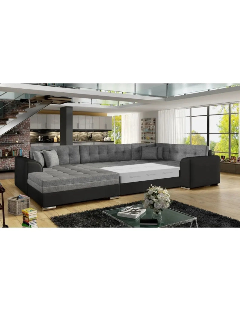 Divano panoramico convertibile CALDERO 5 posti grigio e nero – angolo sinistro – 4 cuscini