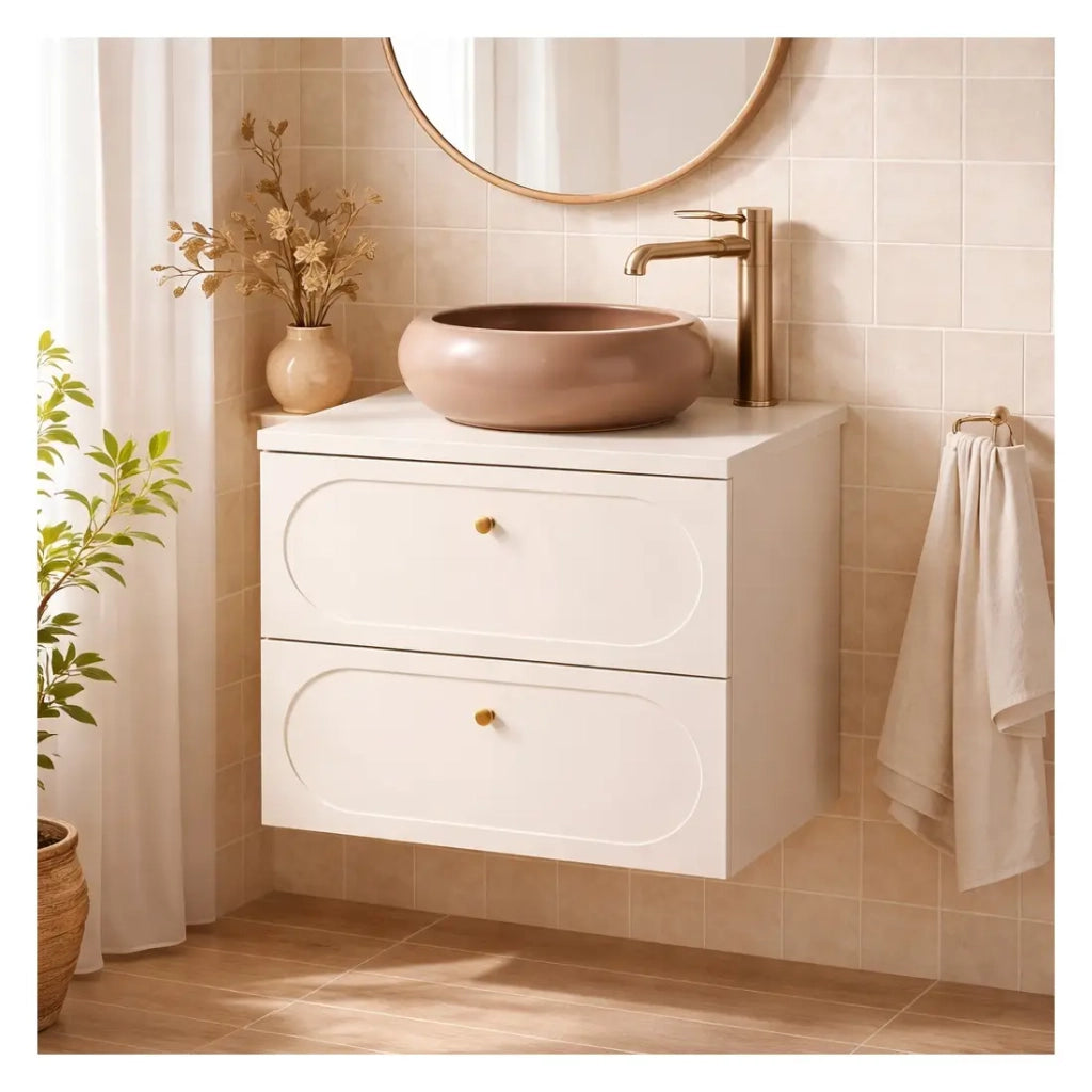 Set bagno TORNADO beige: mobile sottolavabo 60cm + piano per lavabo + lavabo da appoggio marrone rotondo