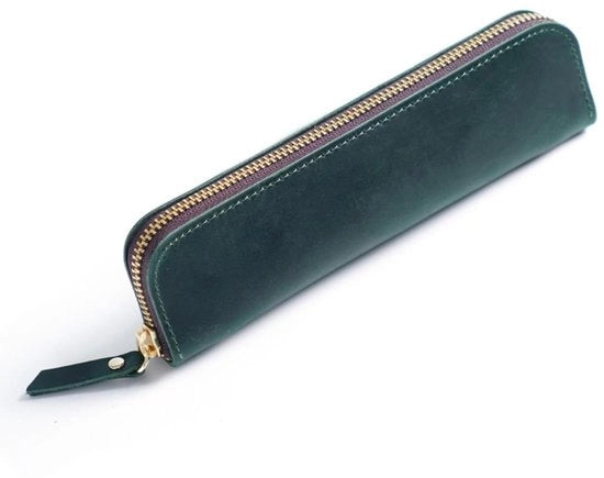 Etui per pennarelli di alta qualità - 4 lacci per pennarelli - tessuto in pelle - colore verde scuro - con tasche per pennarelli - manuale - vintage - retro - con 4 lacci per pennarelli - confezionato a mano - colore verde scuro - con tasca per pennarelli