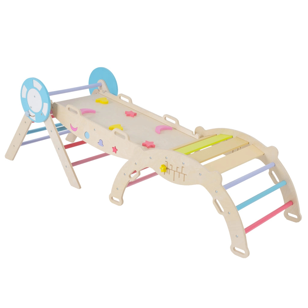 Set triangolare 7 in 1 legno montessori nautico arrampicata scivolo-Set scala arco labirinto palestra interna pieghevole bambini Colorato