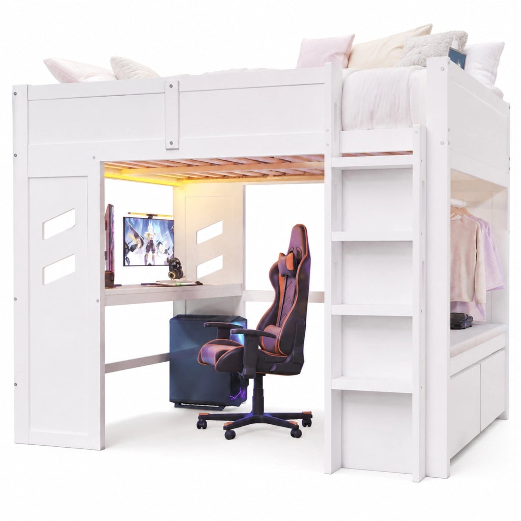 Letto a soppalco 140x200 cm con scrivania, LED, USB-C, 2 cassetti e appendiabiti, bianco