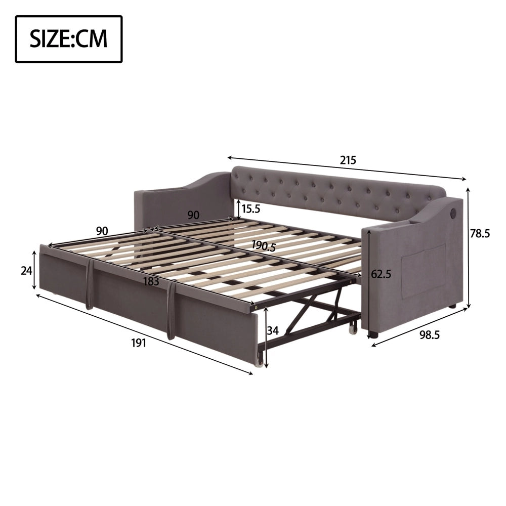 Divano letto - Xylo - 90/180x190 cm braccioli USB velluto grigio scuro