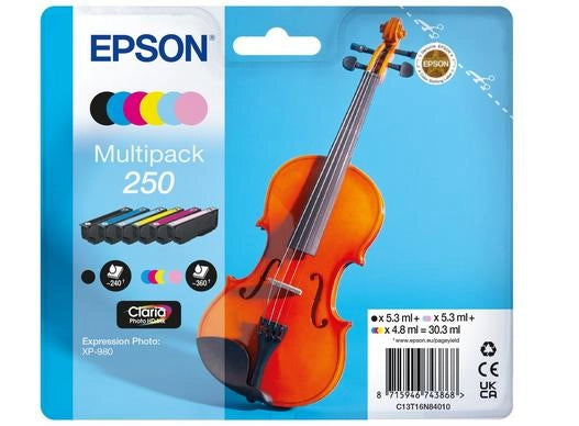Epson 250 violin claria photo hd cartuccia d'inchiostro 6 pz originale nero, ciano, ciano chiaro, magenta chiaro, magenta, bianco - C13T16N84010