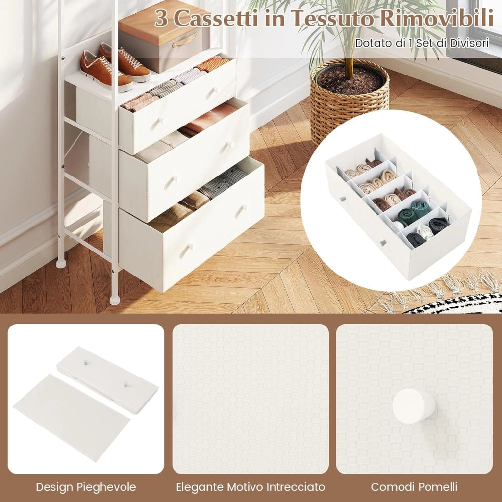 Appendiabiti con Cassetti in Tessuto, Armadio Autoportante con Asta Appendiabiti a 3 Posizioni e Ripiani di Stoccaggio, Ideale per Ingresso Camera da Letto, 55x28x176 cm (Bianco)