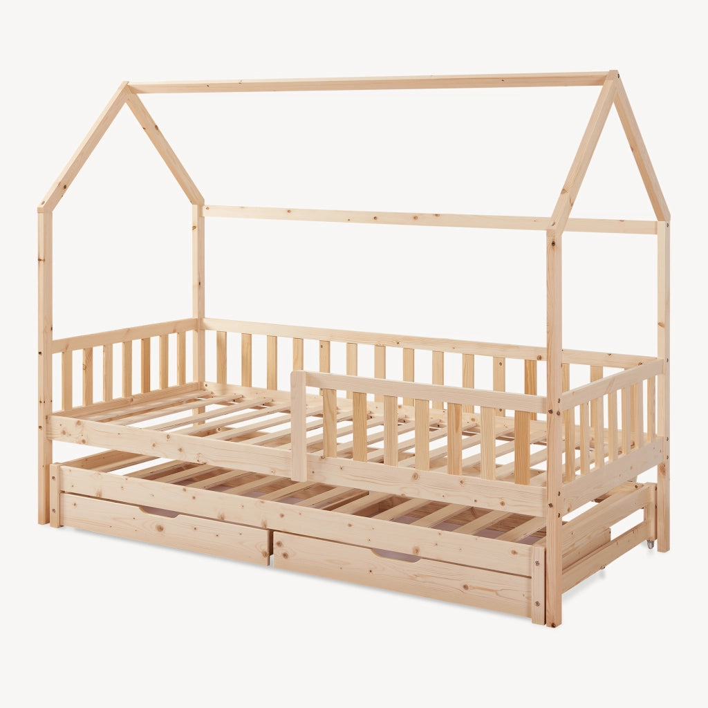 Letto a Casetta per Cameretta Aarghonmaa in Legno di Pino con Letto Estraibile 1 Materasso 90x200 cm e 2 Cassetti - Naturale [en.casa]