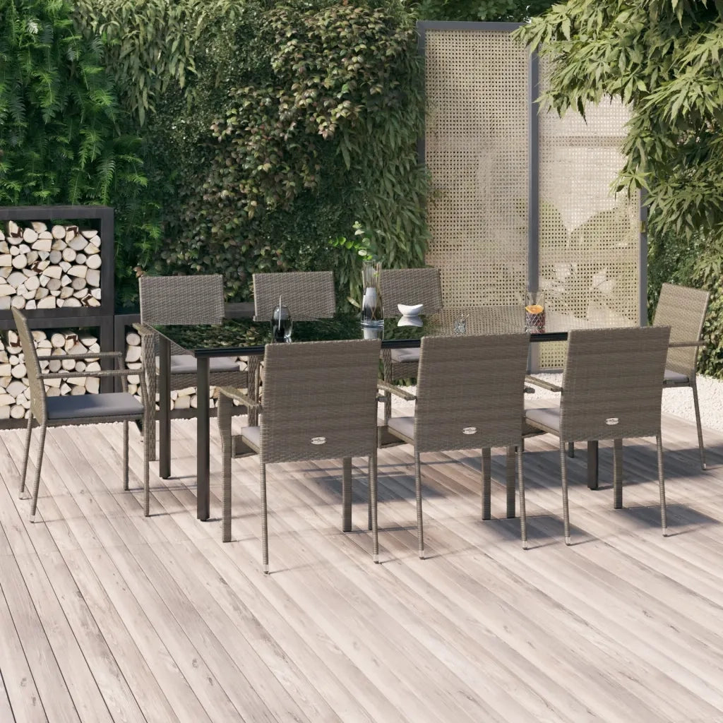 Set da Pranzo Giardino 9pz con Cuscini Nero e Grigio Polyrattan 3185142