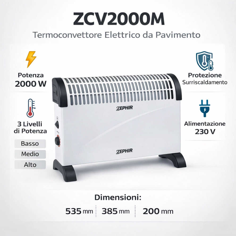 Zephir zcv2000m termoconvettore elettrico da pavimento 2000w