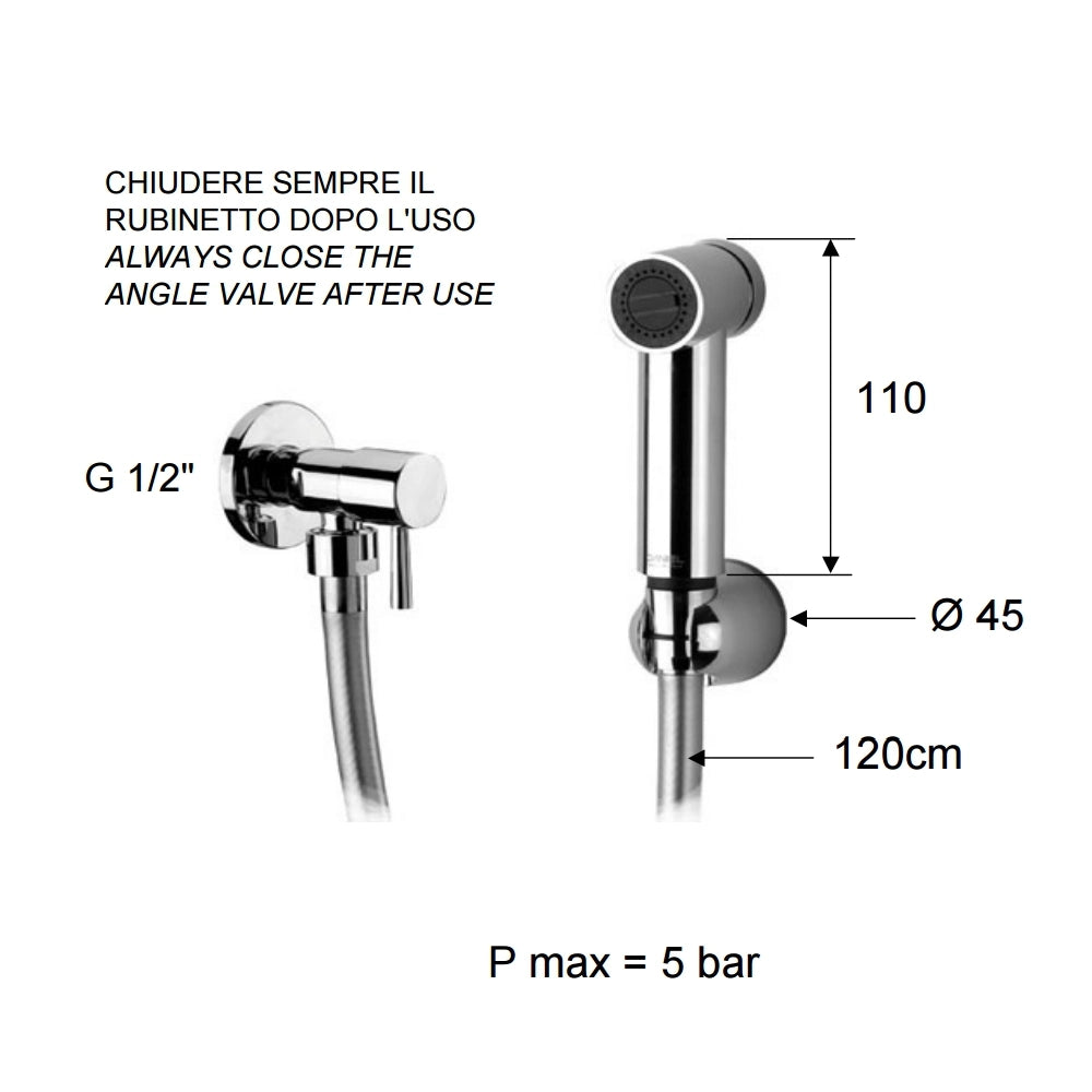 Set doccetta bidet eurolux con doccia a pulsante minimale, flessibile, rubinetto e supporto cromato