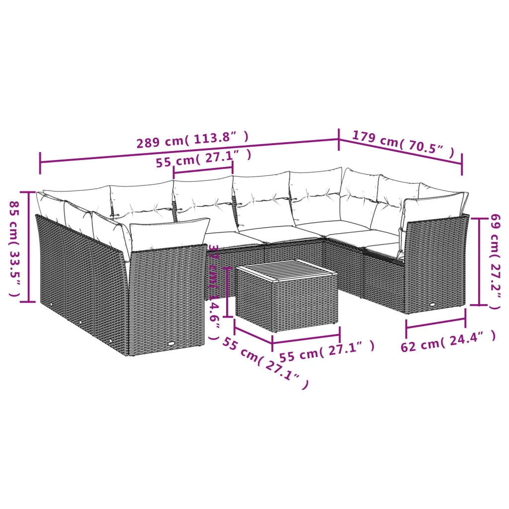 Set Divani da Giardino 10pz con Cuscini in Polyrattan Nero 3223802