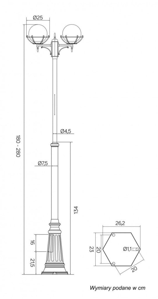 SU-MA Lanterna giardino 280cm 2 sfere nere E27 IP43