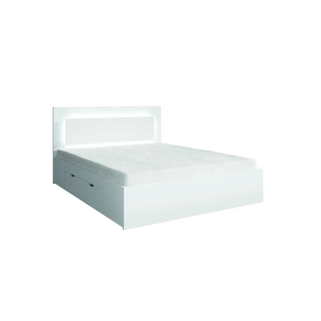 Set camera NOFI - Letto 140x200 cm con rete a doghe, 2 cassetti, comodini, armadio e cassettiera - bianco