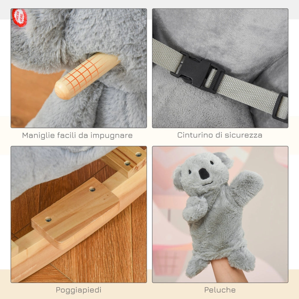 EasyComfort Cavallo a Dondolo Koala in Peluche Imbottita con Suoni, Cintura di sicurezza e Base in Legno, 60x33x50cm, Grigio