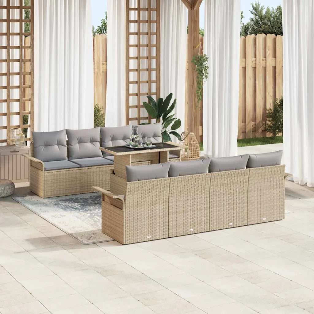 Set Divano da Giardino con cuscino 9 pcs Beige polyrattan