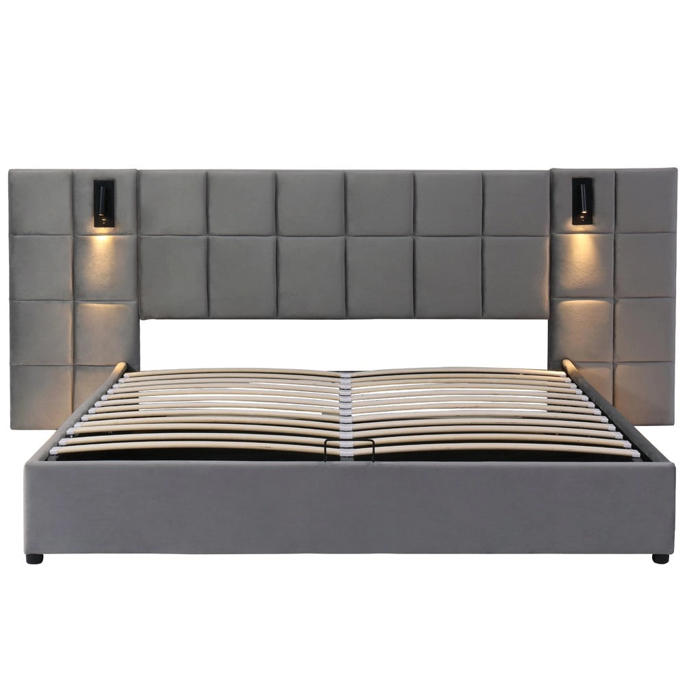 Letto Contenitore Imbottito con LED e USB ¨C Xylo ¨C Velluto Grigio 180x200