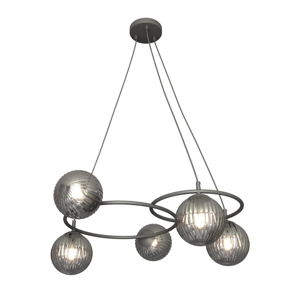 Lampadario 5 Luci Eolo A Cerchi E Diffusori In Vetro Rigato Fumè