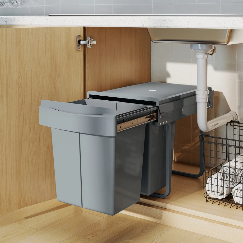 Pattumiera Estraibile Sottolavello per Differenziata 52x33.5x41 cm con 2 Secchi da 20L In PP e ABS Grigio