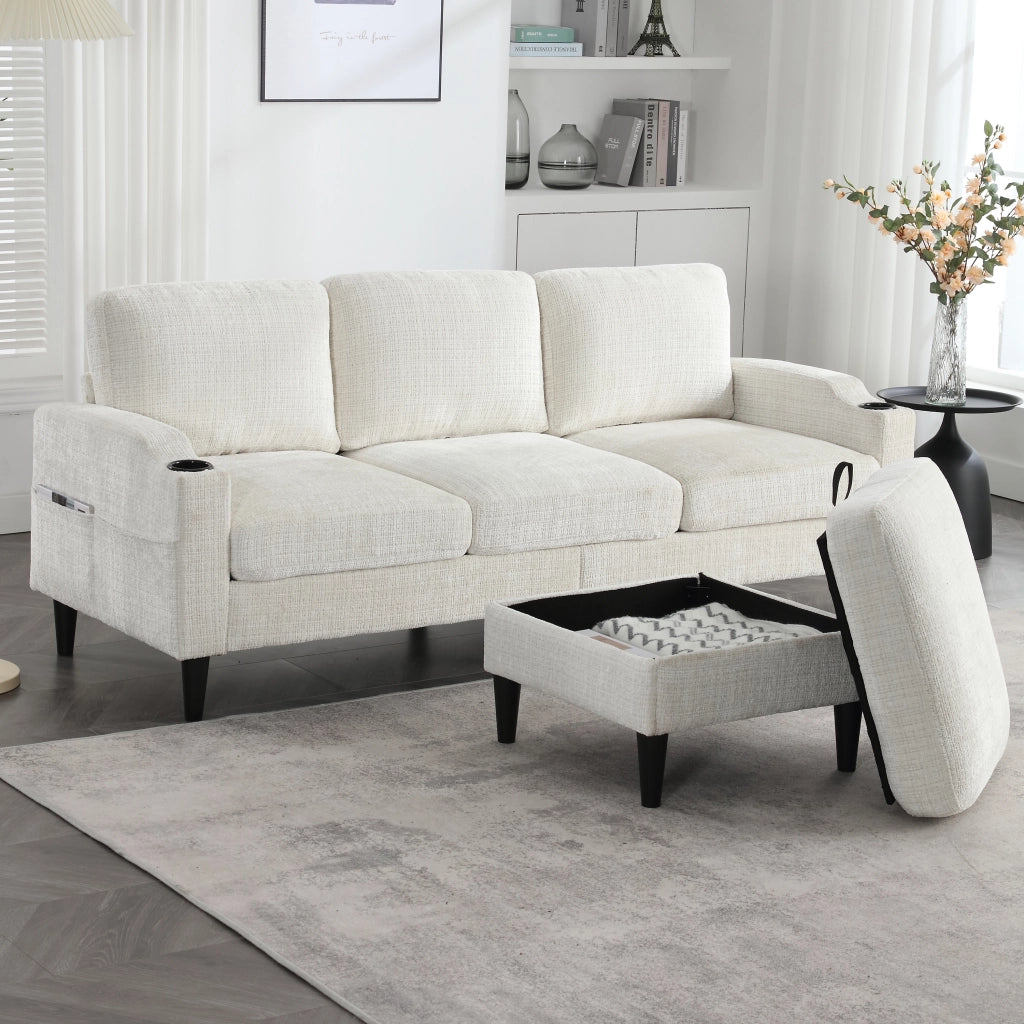 Divano 4 Posti con Poggiapiedi e Contenitore ¨C MINIMAL ¨C Velluto, Braccioli, Portabicchieri