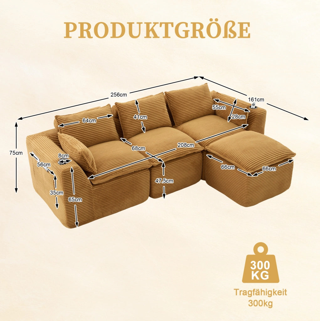 Divano modulare 3 posti con pouf; tasche laterali e cuscini; in corduroy arancione 256x161x75 cm