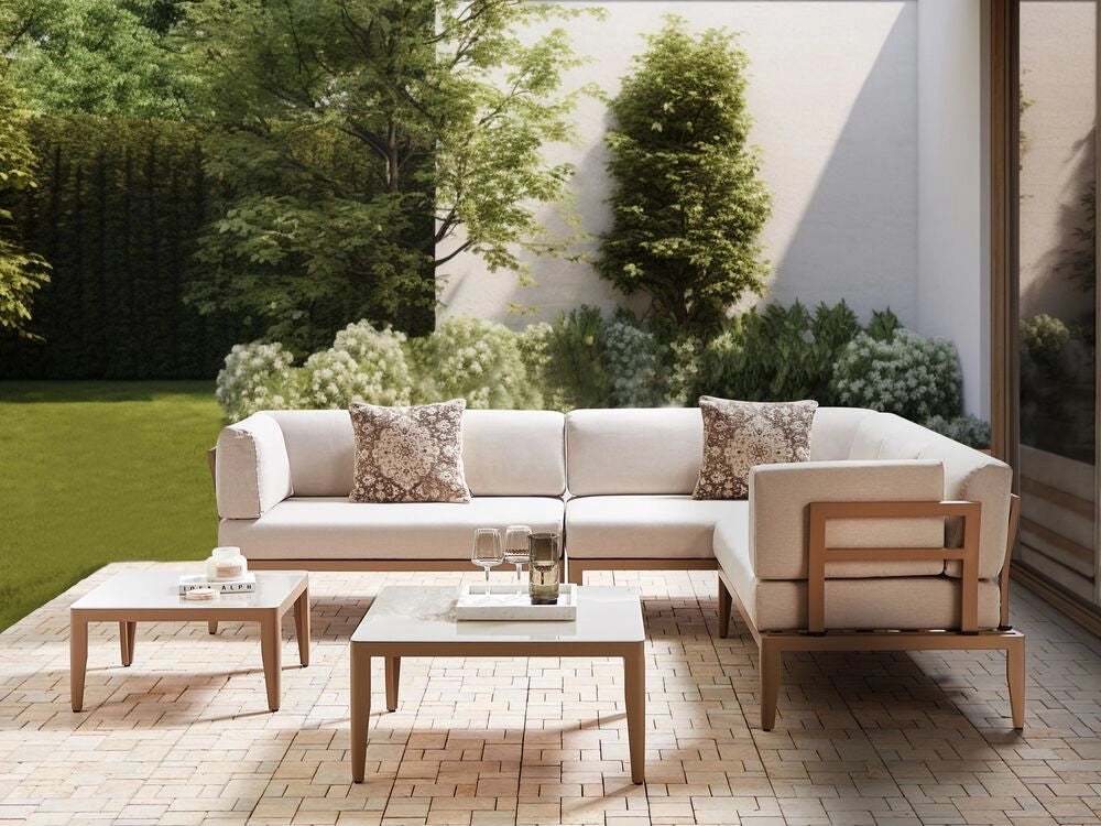 Set Divano da Esterno in Alluminio grigio e cuscini beige a 6 posti Patio Moderno