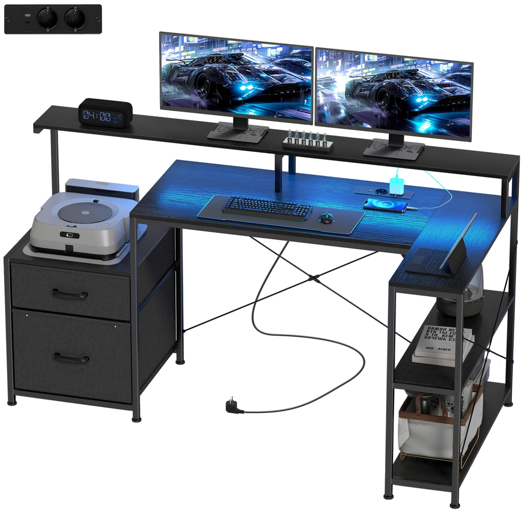 Scrivania Gaming Angolare con LED e Prese ¨C zephmum ¨C Nero 165x80x91,5 cm
