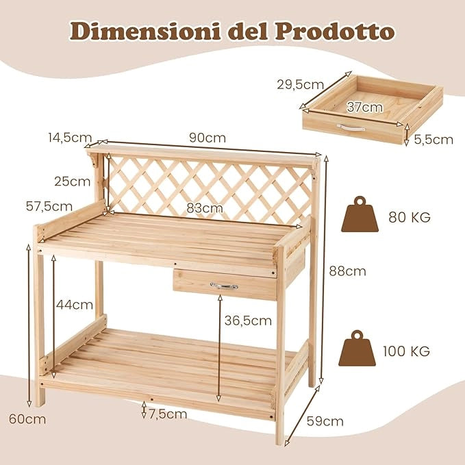 Tavolo per Piante in Legno, Tavolo da Giardino con Traliccio, Cassetto Rimovibile e Ripiano, Tavolino per Vasi di Fiori da Interno ed Esterno per Cortile, Balcone, Prato e Terrazzo