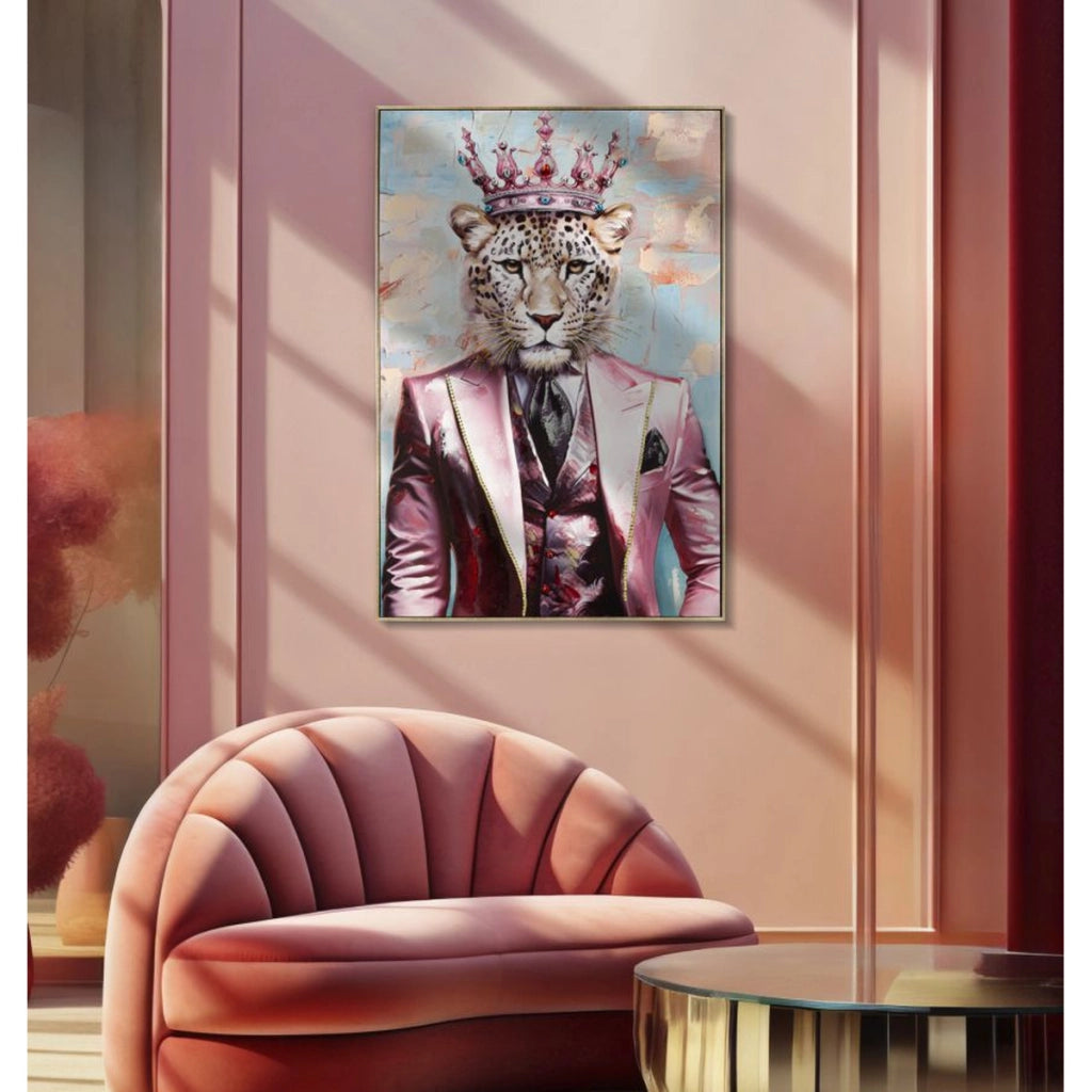 Dipinto su tela King B leopardo gentleman con cornice, 82x122 cm
