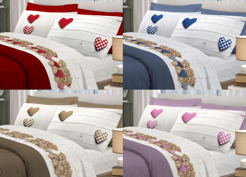 Completo Lenzuola Linea Pensieri Delicati 100% Cotone Disegno New Orsetti - Piazza E Mezza - Beige