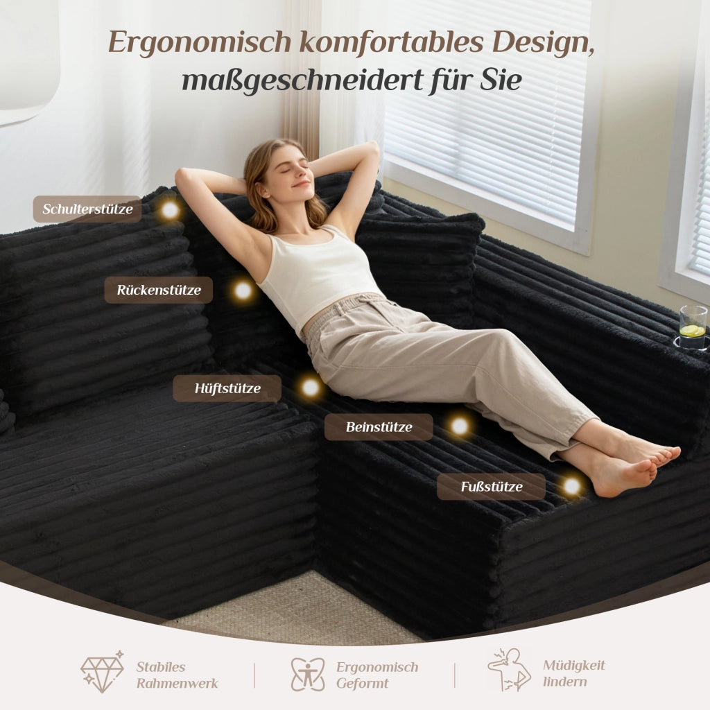 Divano ad U in Velluto a Coste con Portabicchieri ¨C MINIMAL ¨C Angolare, Cuscini, Ergonomico