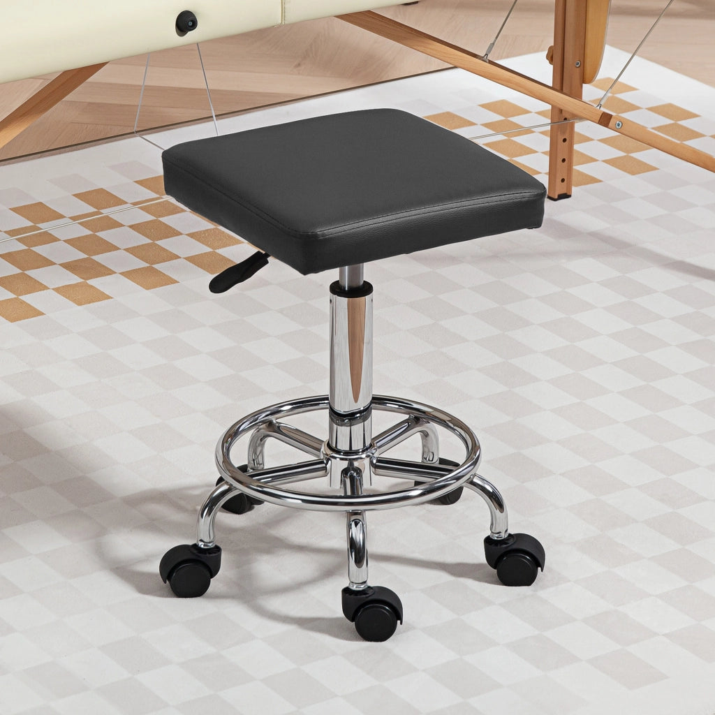 Sgabello Girevole Regolabile con Seduta Imbottita, Poggiapiedi e Ruote ¨C Minimal ¨C Nero 34x34x50-66 cm