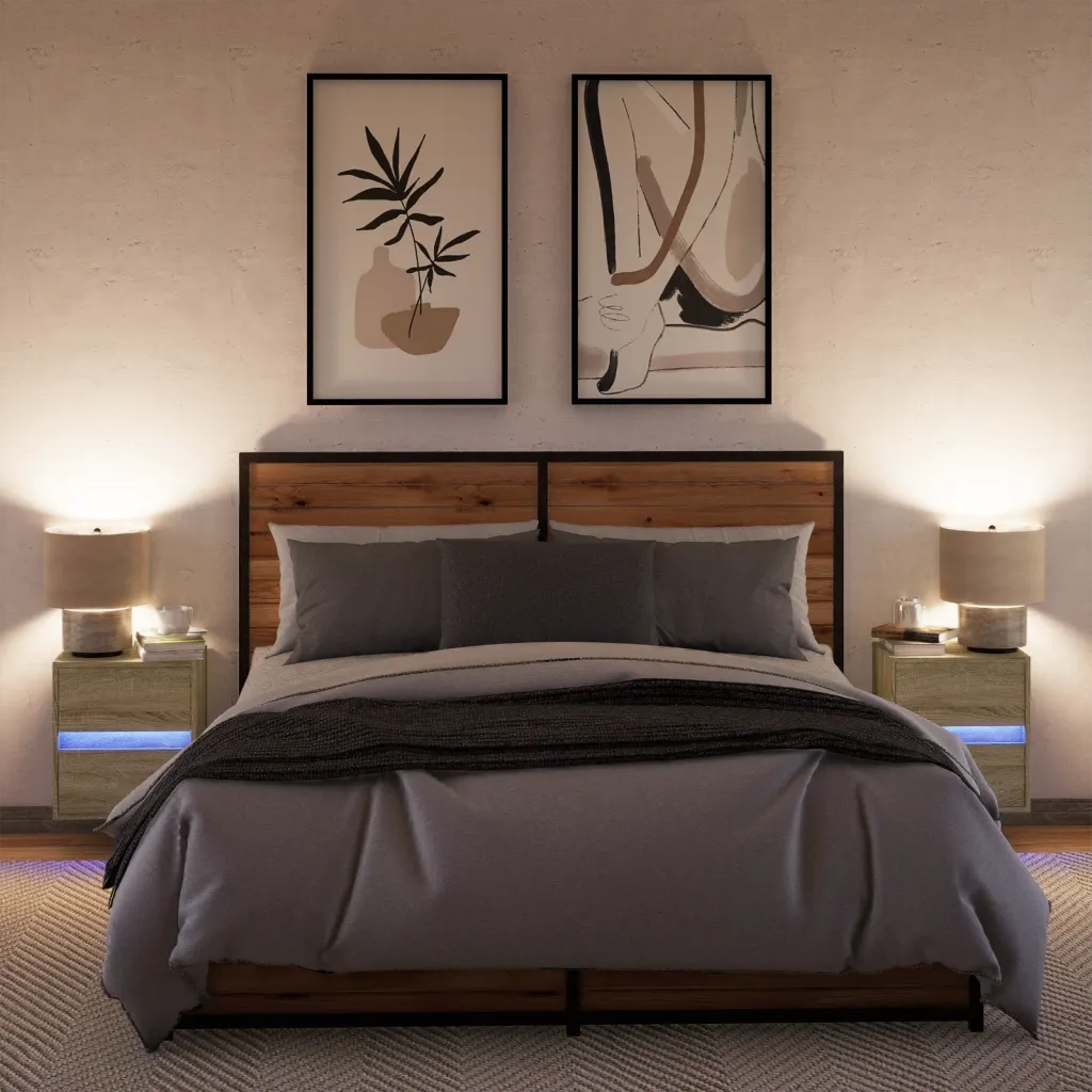 Set di 2 Comodini | Armadio da Notte | Mobiletto da notte a Parete con luci LED Rovere Sonoma