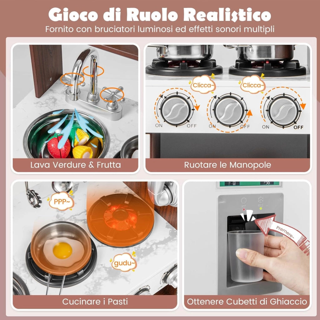 Cucina Giocattolo per Bambini, Cucina Legno per Bambini con Forno, Microonde, Frigorifero, Macchina del Ghiaccio, Lavello e Rubinetto, Funzione Luci e Suoni, per Bambini 3 Anni+