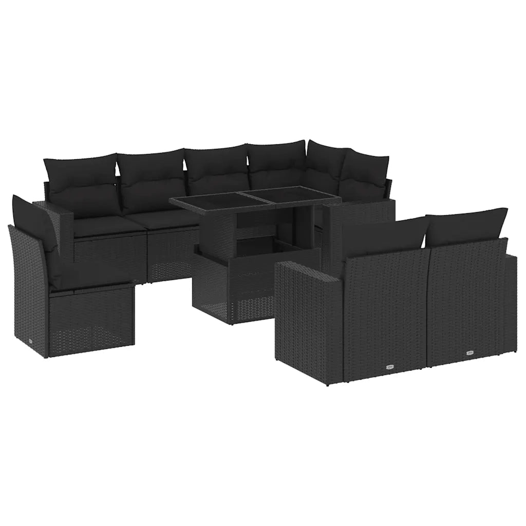 Set Divani da Giardino 9 pz con Cuscini Nero in Polyrattan