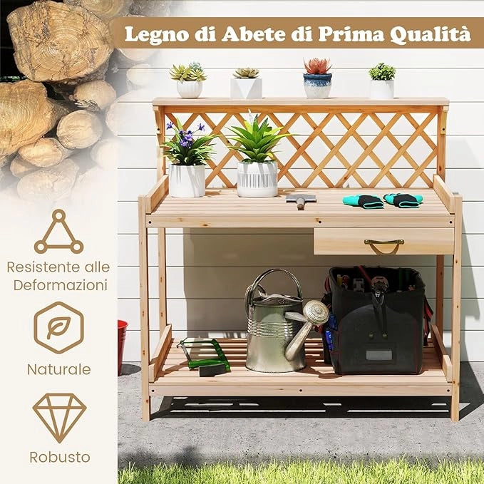 Tavolo per Piante in Legno, Tavolo da Giardino con Traliccio, Cassetto Rimovibile e Ripiano, Tavolino per Vasi di Fiori da Interno ed Esterno per Cortile, Balcone, Prato e Terrazzo