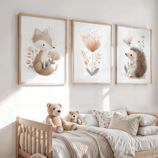 Decorazione per Parete 3 Pezzi - Boschi Animati - Cuccioli di Lupo/Leopardo/Tartaruga - Dimensioni A3 - Illustrazioni Naturali