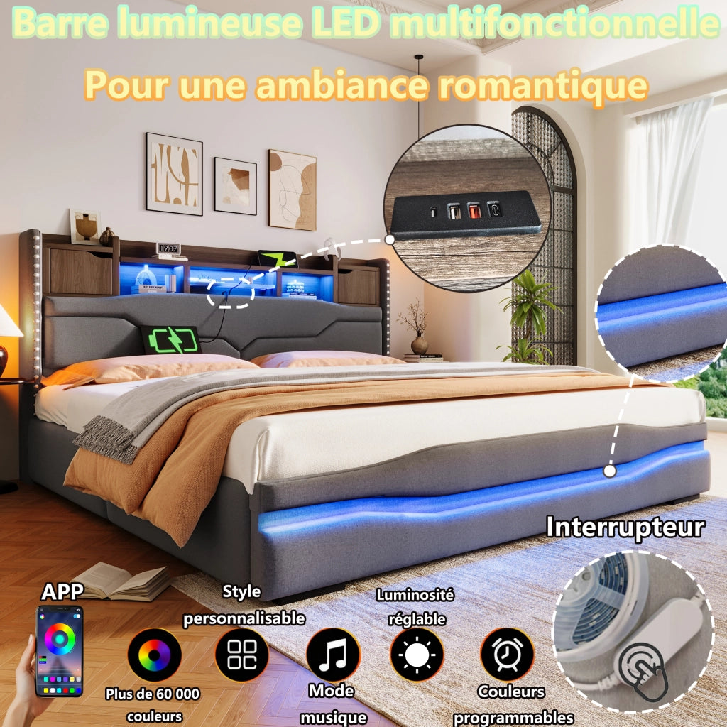 Letto imbottito grigio 180x200 con USB-C LED testiera con vano sollevamento idraulico