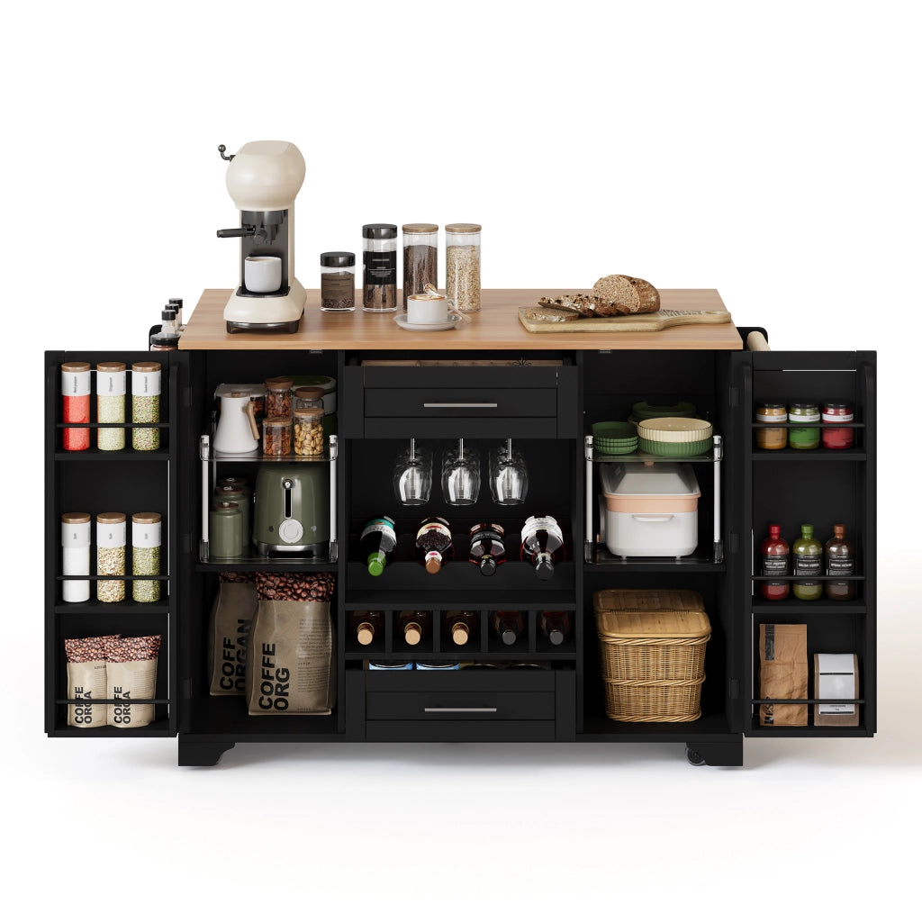 Carrello da cucina multifunzionale - Zephmum- 120x45/70x92cm- Nero- Con ripiano pieghevole, porta bicchieri, porta spezie e porta asciugamani