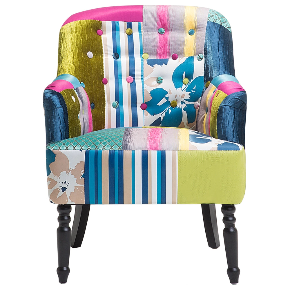 Poltrona Multicolore Tessuto Blu Patchwork Sedia Club Bottone Gambe In Legno capitonné