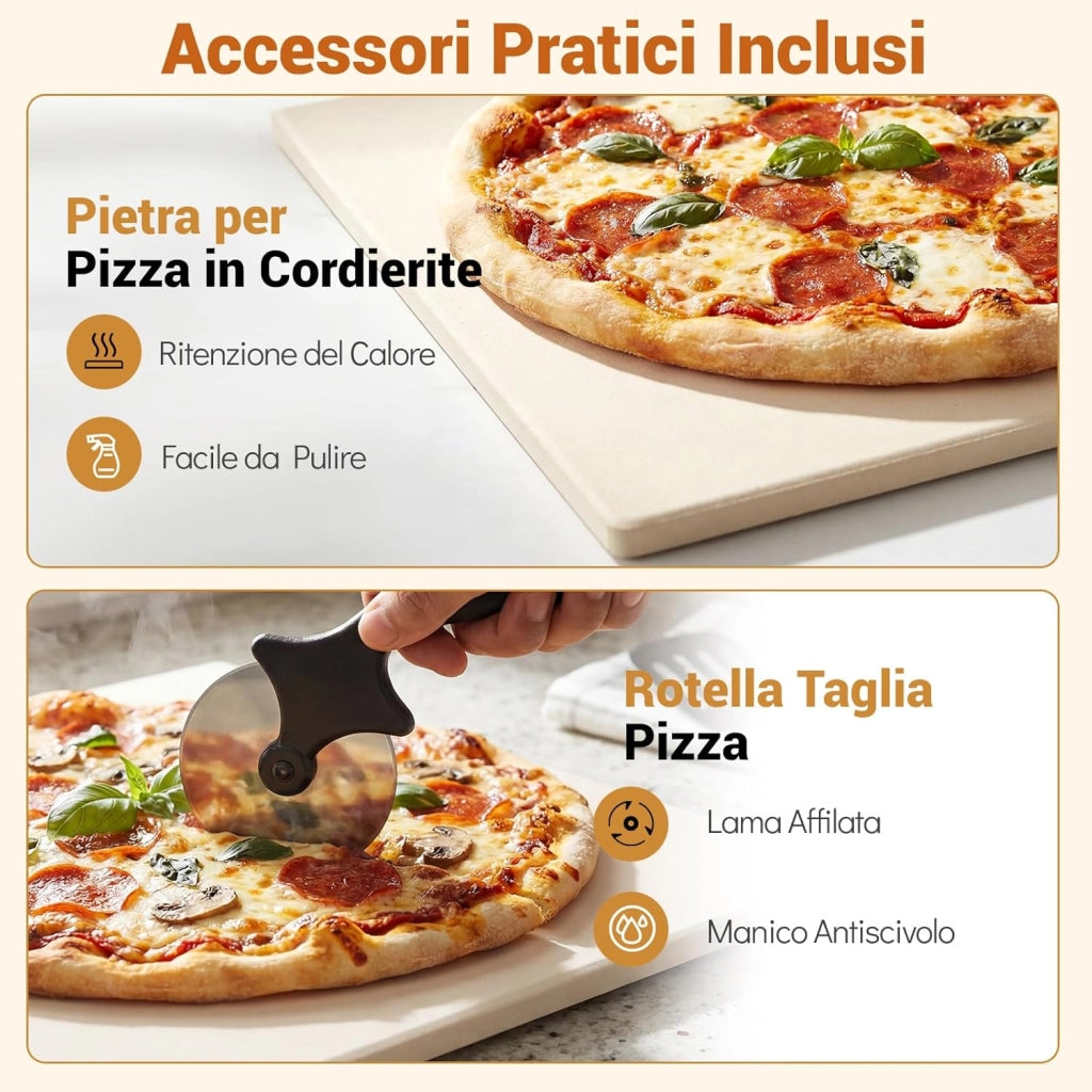 Forno Pizza Elettrico, 1700 W Macchina per Pizza Professionale con 6 Modalità Preimpostate Taglierina e Pietra Refrattaria, Raggiunge fino 400°C, 43x47x28 cm