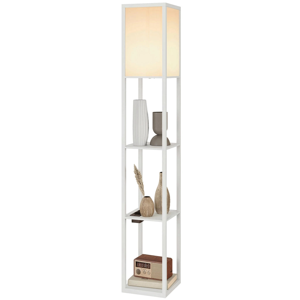 Lampada da Terra con Ripiani, Luce Regolabile, Interruttore a Pedale e Porte USB, Bianco