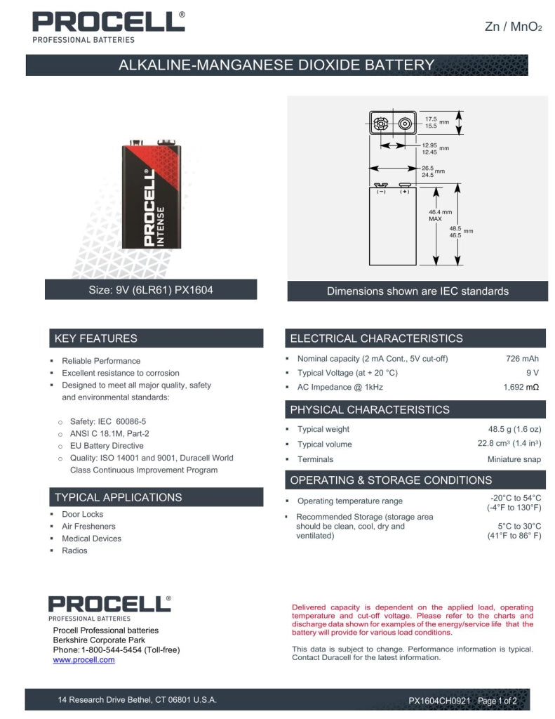Procell Batterie Alcaline 9V 6LR61 DU0049 Blister 10 Pz Professionali IEC 6LR61 Professional Alcaline
