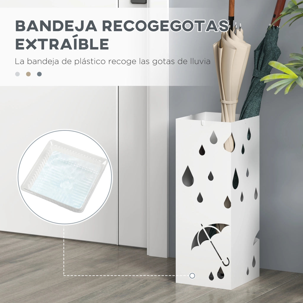 Portaombrelli in Acciaio con 4 Ganci e Bandeja di Gocciolamento ¨C zephmum ¨C Bianco 15.5x15.5x41 cm