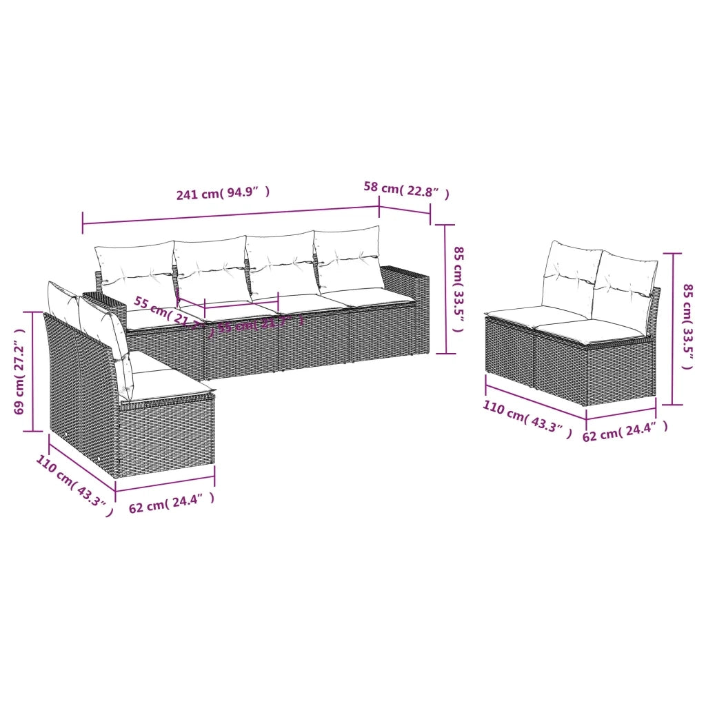 Set Divani da Giardino con Cuscini 8 pz Nero in Polyrattan 3251182
