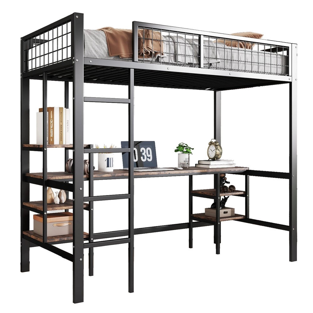 Letto a Castello con Scrivania e Scaffale ¨C Xylo ¨C Metallo e Legno, Nero, 90x200