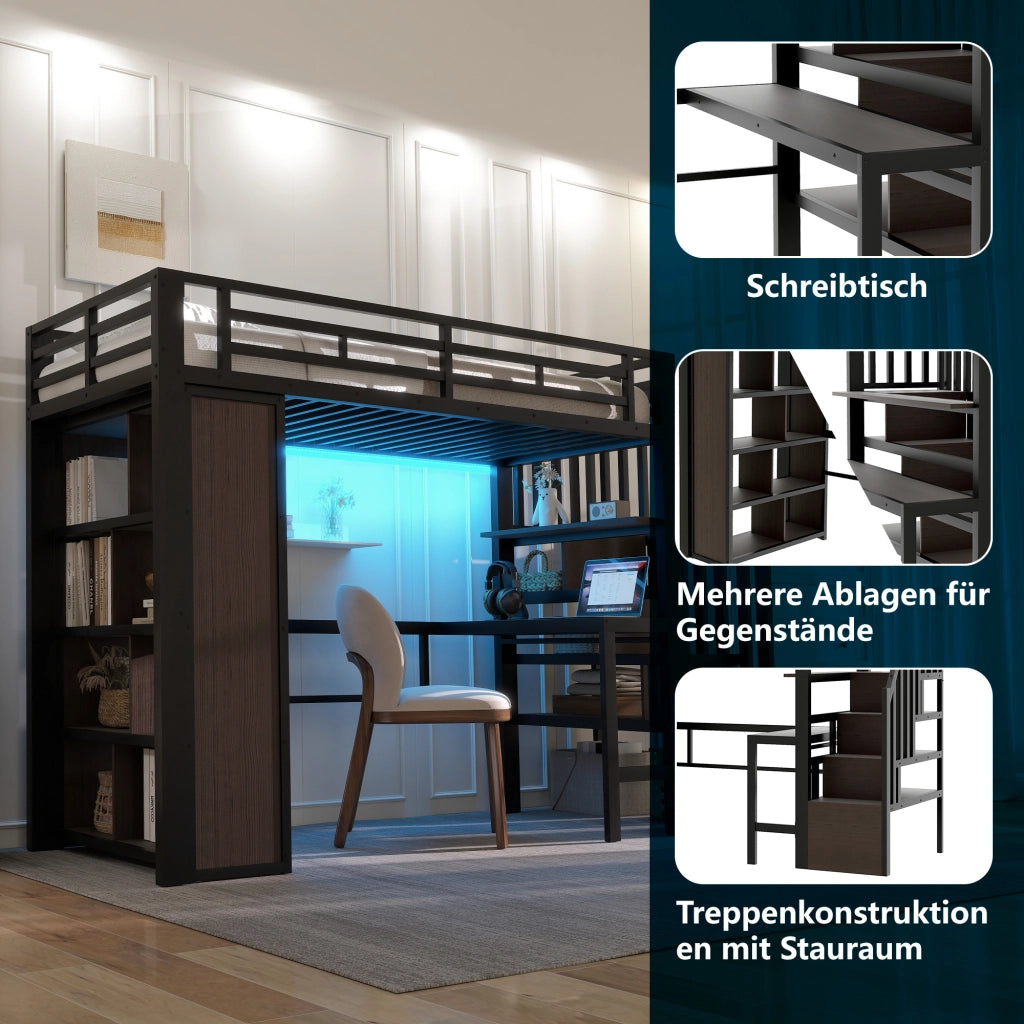 Letto castello 90x200 ferro scrivania LED scala stivaggio nero